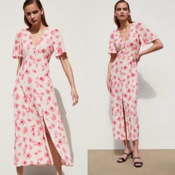 Zara Dresses & Skirts - Zara Yellow Pink Floral Button Front Puff Sleeve Midi Dress Size M